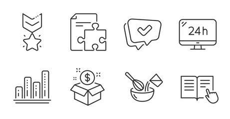 Post package, Winner medal and 24h service line icons set. Cooking whisk, Approved and Graph chart signs. Read instruction, Strategy symbols. Postbox, Ranking star, Call support. Vector