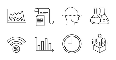 Documents, Time and Diagram graph line icons set. Trade chart, 5g wifi and Face scanning signs. Chemistry lab, Augmented reality symbols. Office file, Office clock, Presentation chart. Vector