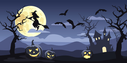 Vector Halloween night background landscape with Jack-O’-Lanters, the Moon, bats and trees.