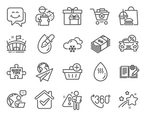 Business icons set. Included icon as Usd currency, Smile face, Paper plane signs. 360 degree, Hot water, Engineering documentation symbols. Eye drops, Add purchase, Quick tips. Arena. Vector