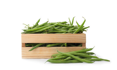 Fresh green beans in wooden crate on white background