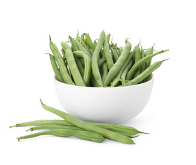 Fresh green beans in bowl on white background