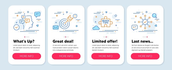Set of Education icons, such as Messages, Target, Quick tips symbols. Mobile screen mockup banners. Survey check line icons. Notifications, Targeting, Tutorials. Correct answer. Messages icons. Vector
