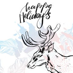 Vector holiday background with cute reindeer, Christmas trees, night sky, moon. Christmas card with hand written text Merry Christmas and happy New Year. Childish winter background.