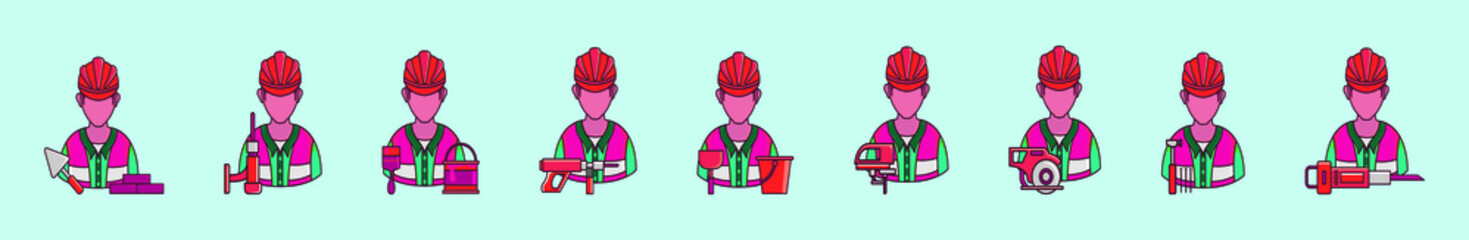 set of construction workers cartoon icon design template with various models. vector illustration isolated on blue background