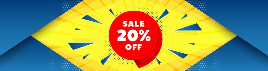 Sale 20% off banner. Abstract background with offer message. Discount sticker shape. Coupon bubble icon. Best advertising coupon banner. Sale 20% badge shape. Abstract yellow background. Vector