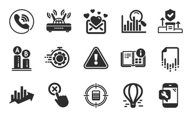 Instruction info, Call center and Air balloon icons simple set. Wifi, Phone repair and Growth chart signs. Reject click, Ab testing and Seo timer symbols. Flat icons set. Vector