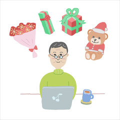 Elderly man doing Christmas shopping on the internet / Grandpa doing Christmas shopping on the internet