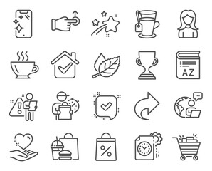 Business icons set. Included icon as Smartphone clean, Confirmed, Hold heart signs. Coffee, Leaf, Share symbols. Shopping cart, Tea, Shopping bag. Woman, Award cup, Vocabulary. Drag drop. Vector