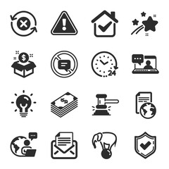 Set of Business icons, such as Elephant on ball, Translation service, Mail correspondence symbols. Judge hammer, 24 hours, Reject refresh signs. Friends chat, Post package, Confirmed. Vector