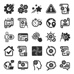 Engineering icons. Set of Idea bulb, Dividers tools and Blueprint icons. Cogwheel, calculate price, mechanical tools. Idea bulb with cog, architect dividers, engineering people. Flat icon set. Vector