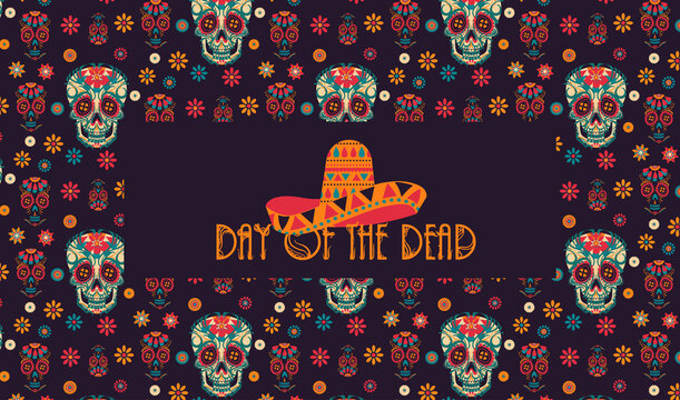 Dia de Los Muertos. vector poster with skulls and flowers and the inscription "day of the dead" with a sombrero for the day of the dead.
