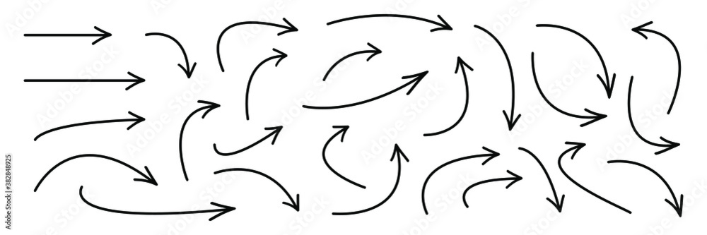 Wall mural hand drawn curved arrows . sketch doodle style. collection of vector pointers.