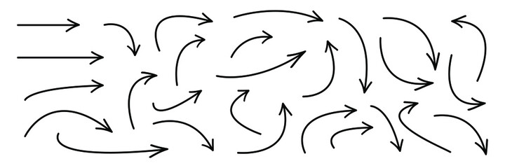 Hand drawn curved arrows . Sketch doodle style. Collection of vector pointers.
