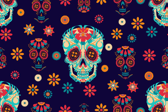Dia de Los Muertos. seamless pattern for the Day of the dead. image of decorated sugar skulls surrounded by beautiful small colorful flowers