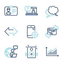 Technology icons set. Included icon as Faq, Speech bubble, Identification card signs. Refresh website, Graph, Seo phone symbols. Speakers, Sync line icons. Web support, Chat message. Vector