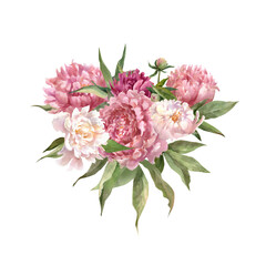 watercolor flower arrangement, frame, wreath with flowers and leaves of peonies