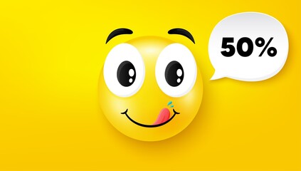 50% off Sale. Yummy smile face with speech bubble. Discount offer price sign. Special offer symbol. Yummy smile character. Discount speech bubble icon. Yellow face background. Vector