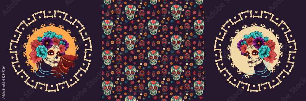 Wall mural Dia de Los Muertos. vector poster for the Day of the dead. image of a woman with sugar skull makeup, surrounded by bones and flowers
