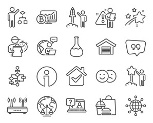 Technology icons set. Included icon as Info, Wifi, Magistrates court signs. International globe, Faq, Algorithm symbols. Like, Block diagram, Quote bubble. Bitcoin chart, Star line icons. Vector