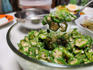 Okura no Aemono, Lady's finger salad serving on glass bowl. Traditional Japanese food