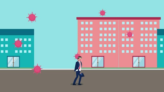 Businessman wear protective face and walk to work