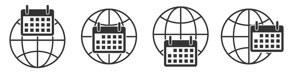Planet Earth symbol with calendar icon. Set of linear globe icons.