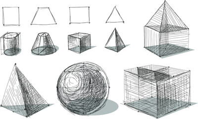 Hand-drawn vector sphere, cube and other geometric shapes