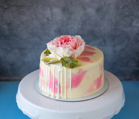 White sponge cake decorated with chocolate peony on a gray background.