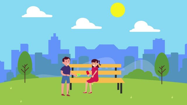 Two children eating popsicle together on park bench