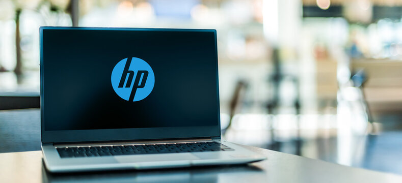 Laptop computer displaying logo of HP