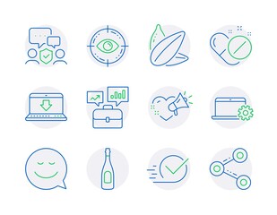 Line icons set. Included icon as Sunflower seed, Medical pills, Internet downloading signs. Smile, Notebook service, Checkbox symbols. Security agency, Business portfolio, Eye target. Vector