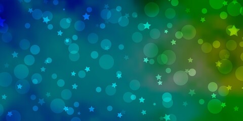 Light Blue, Green vector texture with circles, stars. Glitter abstract illustration with colorful drops, stars. Pattern for design of fabric, wallpapers.