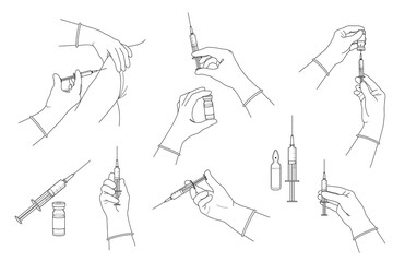 Doctor hands with syringe and ampoule with vaccine or medicine. Doctor hands making an injection. Vaccination and immunization concept. Healthcare, preventive medicine and treatment. Isolated. Vector