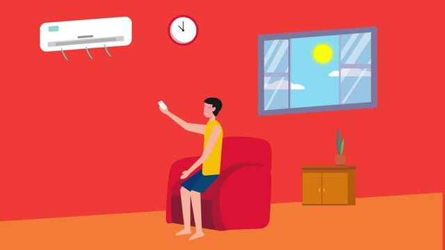 Young man turn on air conditioner in living room