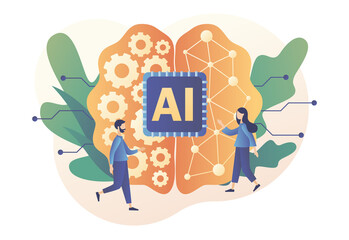 Artificial intelligence concept. Digital brain with neural network and tiny people. AI chip, machine learning, analysis information. Modern flat cartoon style. Vector illustration on white background