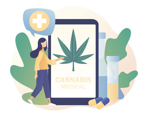 Cannabis medical online sale. CBD cultivation business, distribution of hemp products, marijuana sales market. Modern flat cartoon style. Vector illustration on white background