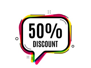 50% Discount. Speech bubble vector banner. Sale offer price sign. Special offer symbol. Thought or dialogue speech balloon shape. Discount chat think bubble. Infographic cloud message. Vector