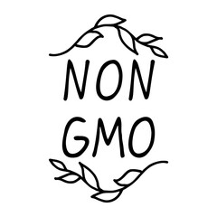 Non gmo hand drawn sign. Two twigs on top and bottom. Suitable for packaging, web designs, advertising products, label, Internet advertising. Lettering. 