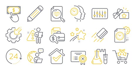 Set of Technology icons, such as Credit card, Project deadline, Pencil symbols. Dj controller, Cross sell, Payment click signs. Accounting report, Seo gear, Loyalty gift. Chemistry lab. Vector
