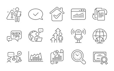 Report document, Quick tips and Website statistics line icons set. Certificate, Lawyer and Magistrates court signs. Time management, Employee result and Approved message symbols. Vector