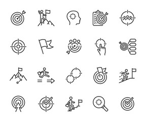 Vector set of goal line icons. Contains icons target, business goal, career, mission, team goal, success, aim, achievement and more. Pixel perfect.