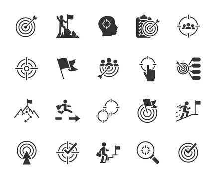 Vector set of goal flat icons. Contains icons target, business goal, career, mission, team goal, success, aim, achievement and more. Pixel perfect.