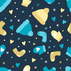 winter pattern, winter clothes and accessories, knitted hats, socks, mittens on a dark blue background