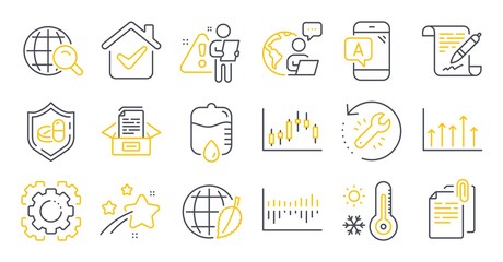 Fototapeta na wymiar Set of Science icons, such as Documents box, Document attachment, Candlestick graph symbols. Drop counter, Weather thermometer, Agreement document signs. Column diagram, Ab testing. Vector