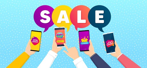 Kids club, Super sale and Clearance sale promo label set. Banner with mobile phones in hands. Playing zone, Discount shape, Offer label. Promotional tag set. Vector