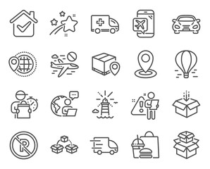 Transportation icons set. Included icon as Car, Ambulance emergency, Parcel shipping signs. Location, Lighthouse, Truck delivery symbols. Packing boxes, Flight mode, World travel. Get box. Vector