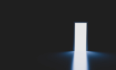 Mystery gowing door in dark room. concept of finding a solution. 3d render. © Cezary