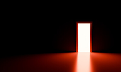 white light from open door in dark red room. 3d render.
