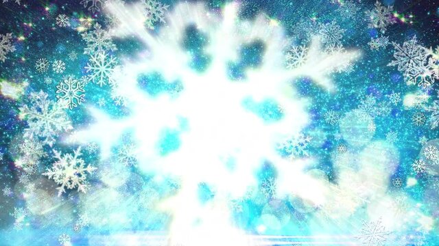 クリスマスイメージのアブストラクト、雪の結晶キラキラ、ループ【青】
